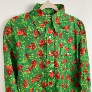 Vintage SKYR Womens L FLAW Green Floral Disco Button Down Shirt Retro 70s Funky